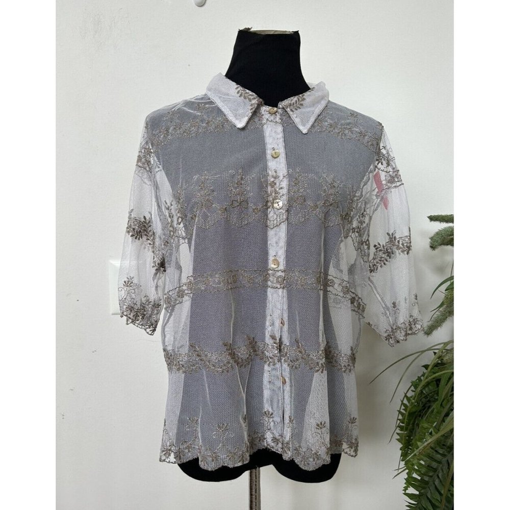 Johnny Was White See-Through Net Button Boho Blouse Floral Embroidery Top Sz L